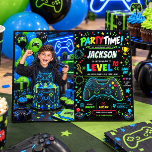 Level Up Gamer 10th Birthday Boy Party photo Invitation