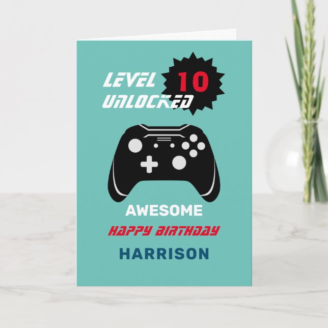 Level Up Gamer Kids Personalised Age Birthday Card (Front)