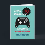 Level Up Gamer Kids Personalised Age Birthday Card<br><div class="desc">Just the thing for all those kids who love playing computer generated games on their consoles, you know the ones, they can't drag themselves out of their room lol This "Level Unlocked" design with the image of a controller is easy to customise with a name, age and message, for that...</div>