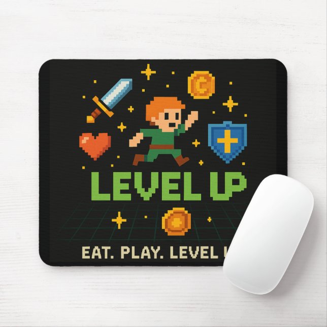 Level Up Gamer Mousepad – Retro Pixel Style (With Mouse)