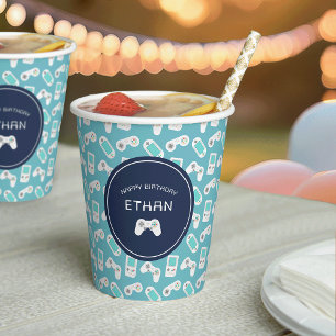 Level Up   Gamer Pattern Personalised Birthday Paper Cups