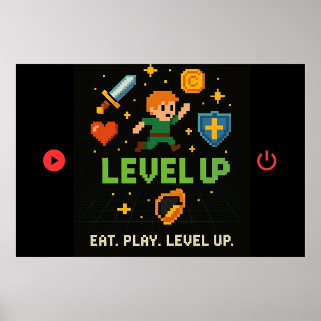 Level Up Gamer Poster – Pixel Retro 8-Bit Art (Front)