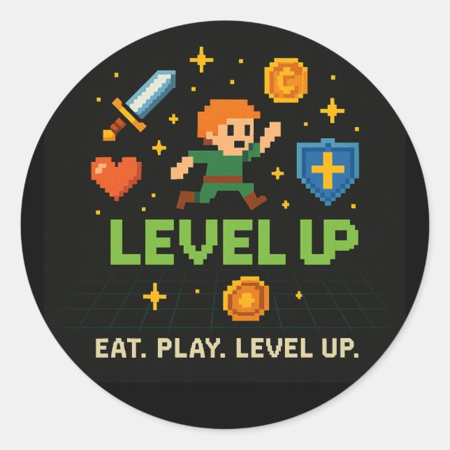 Level Up Gamer Sticker – Retro Pixel Gaming Art (Front)