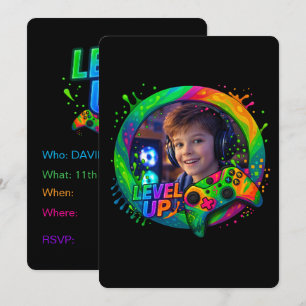 Level Up,  Gamer themed custom photo invitation