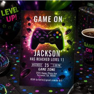 Level Up! Neon Video Game Birthday Party Invitation