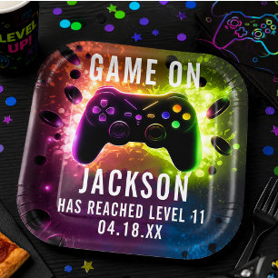 Level Up! Neon Video Game Birthday Party Paper Plate