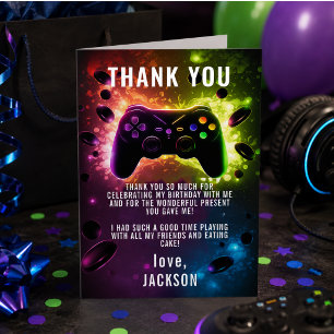 Level Up! Neon Video Game Birthday Party Thank You Card