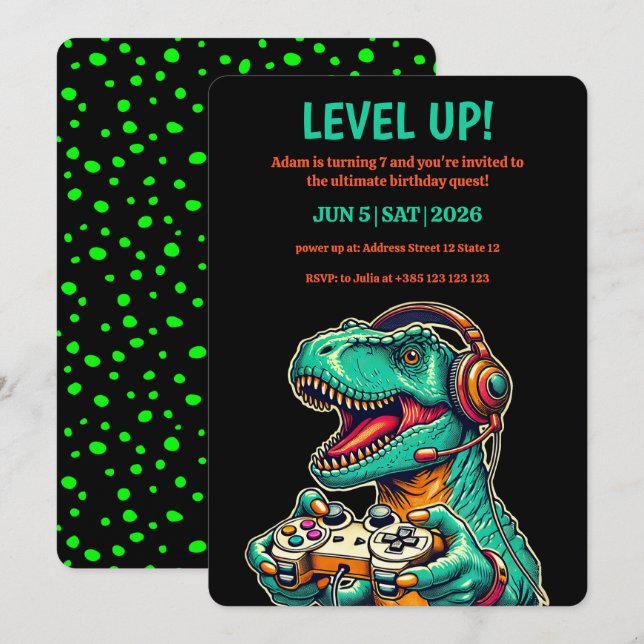 Level Up T-Rex Boy's Birthday Party Invitation (Front/Back)