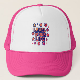 "Level Up Your Life" – Pixel Art Motivational Desi Trucker Hat