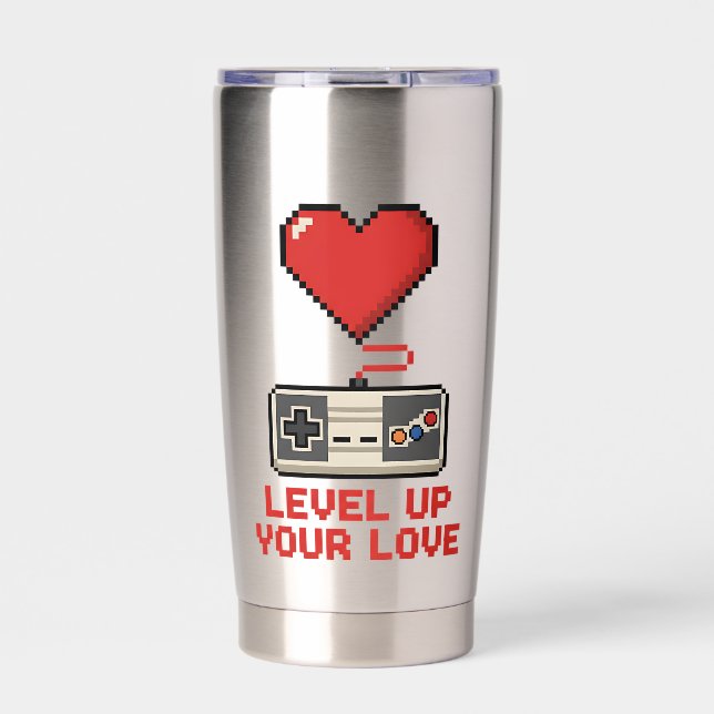 Level Up Your Love, Retro Pixel Gaming Design Insulated Tumbler (Front)