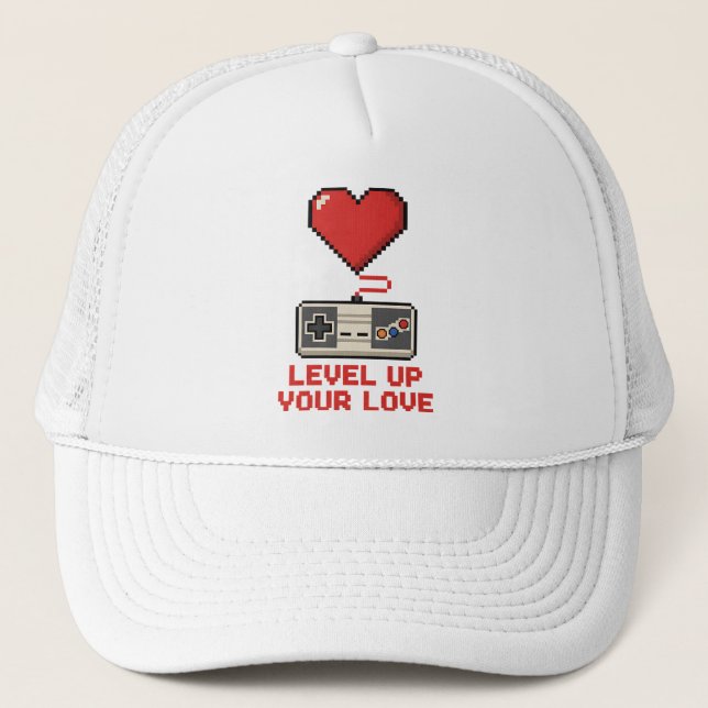 Level Up Your Love, Retro Pixel Gaming Design Trucker Hat (Front)