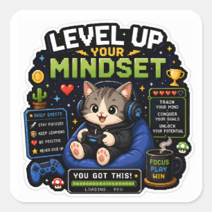 Level Up Your Mindset – Pixel Gamer Cat Square Sticker