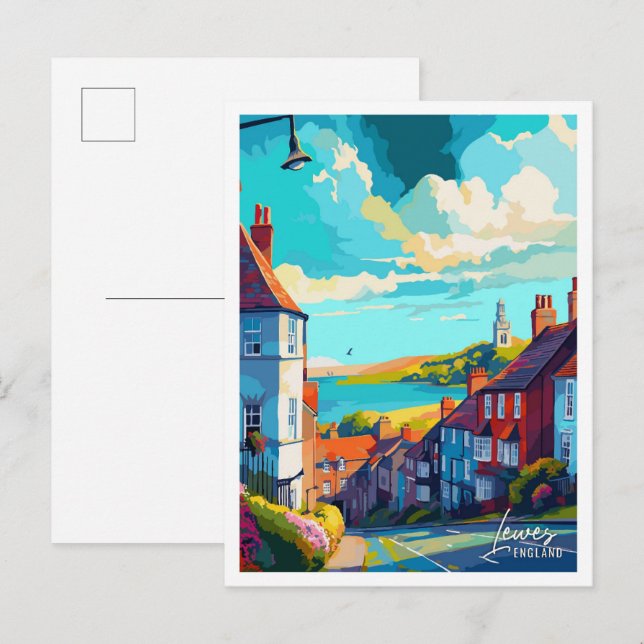 Lewes England Art Vintage Travel Illustration Postcard (Front/Back)