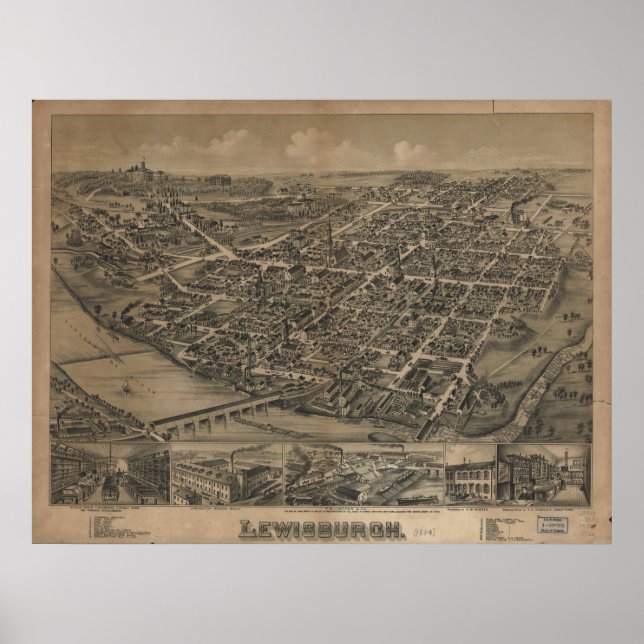 Lewisburg Pennsylvania 1884 Antique Panoramic Map Poster (Front)