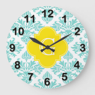 Lg Aqua Damask #3 Yellow Quatrefoil Monogram Large Clock