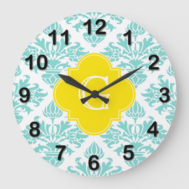 Lg Aqua Damask #3 Yellow Quatrefoil Monogram Large Clock (Front)