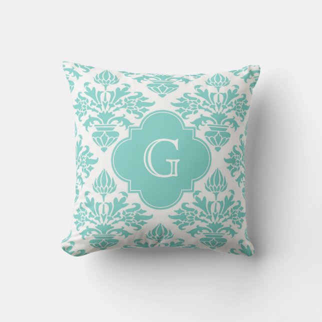 Lg Aqua Floral Damask #3 Aqua Quatrefoil Monogram Cushion (Front)