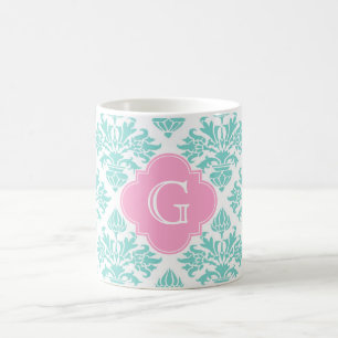 Lg Aqua Floral Damask #3 Pink Quatrefoil Monogram Coffee Mug
