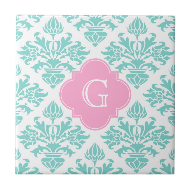 Lg Aqua Floral Damask #3 Pink Quatrefoil Monogram Tile (Front)