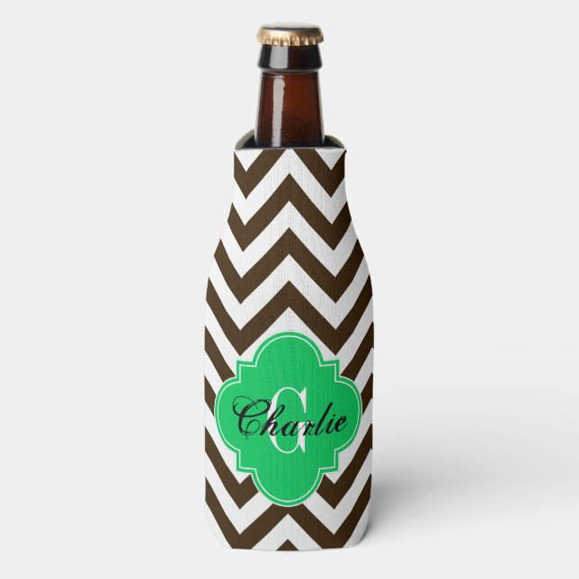 LG Chevron Emerald Green Name Init Monogram Bottle Cooler (Bottle Front)