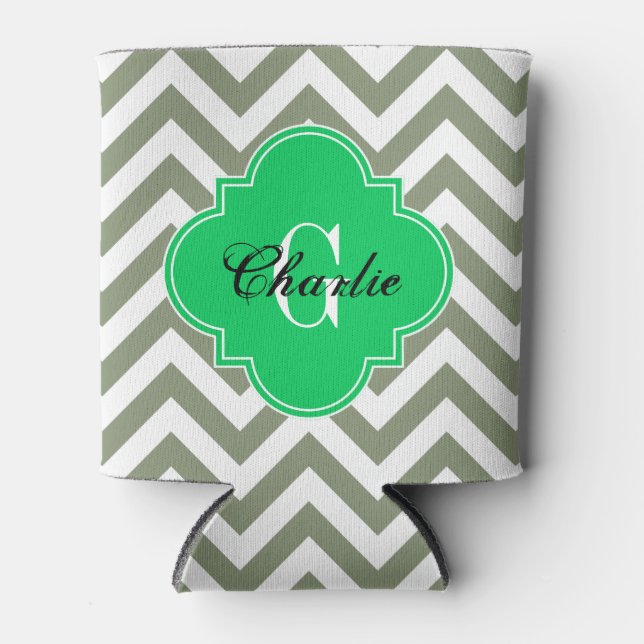 LG Chevron Emerald Green Name Init Monogram Can Cooler (Front)