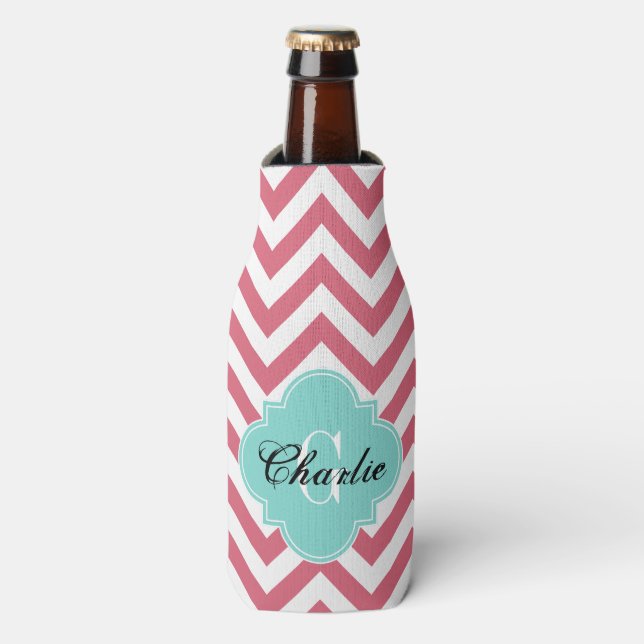 LG Chevron Turquoise Name Init Monogram Bottle Cooler (Bottle Front)