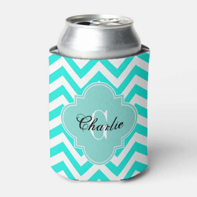 LG Chevron Turquoise Name Init Monogram Can Cooler (Can Front)
