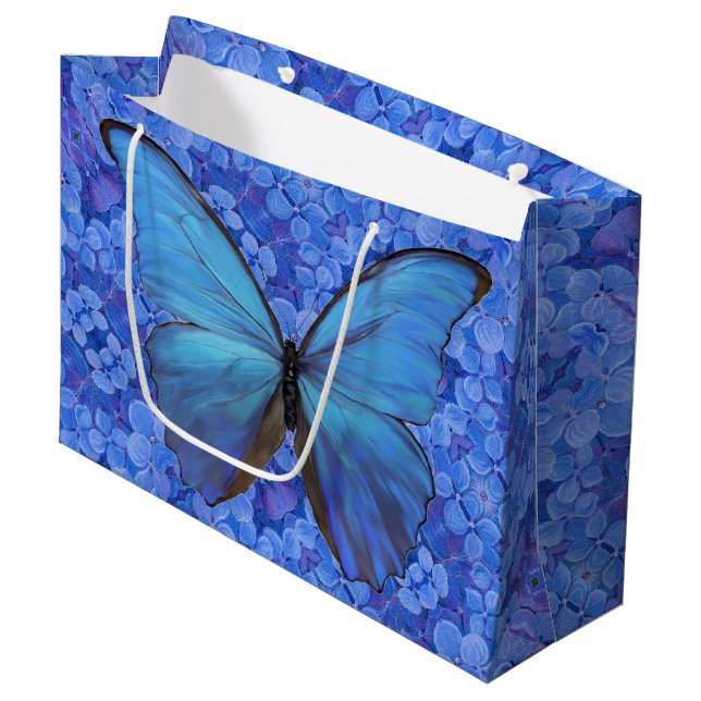Lg Gift Bag Blue Morpho on Hydrangea (Front Angled)