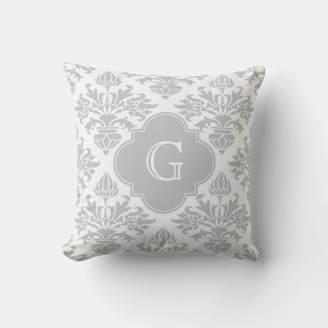 Lg Grey White Floral Damask #3 Grey Monogram Label Cushion (Front)