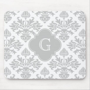 Lg Grey White Floral Damask #3 Grey Monogram Label Mouse Mat