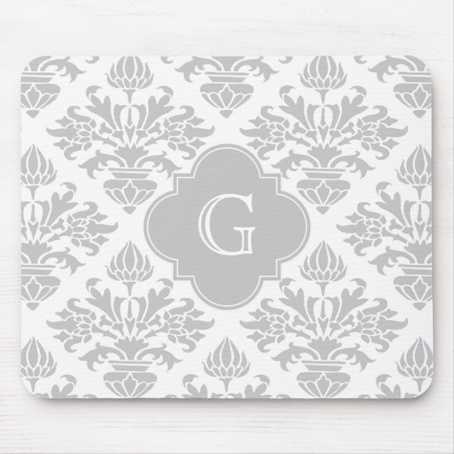 Lg Grey White Floral Damask #3 Grey Monogram Label Mouse Mat (Front)