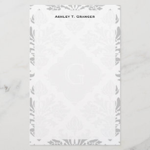 Lg Grey White Floral Damask #3 Grey Monogram Label Stationery