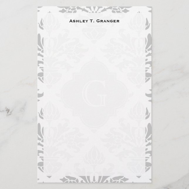 Lg Grey White Floral Damask #3 Grey Monogram Label Stationery (Front)