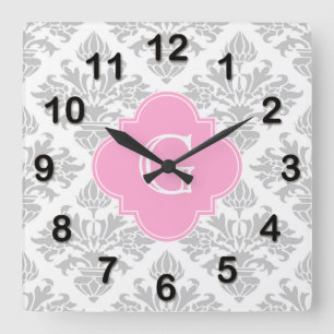 Lg Grey White Floral Damask #3 Pink Monogram Label Square Wall Clock