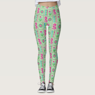 LG Mahjong Tiles #4 Pink Green Capri Blue Lt Green Leggings