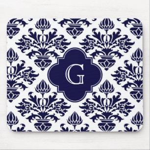 Lg Navy Blu Wht Damask #3 Navy Quatrefoil Monogram Mouse Mat