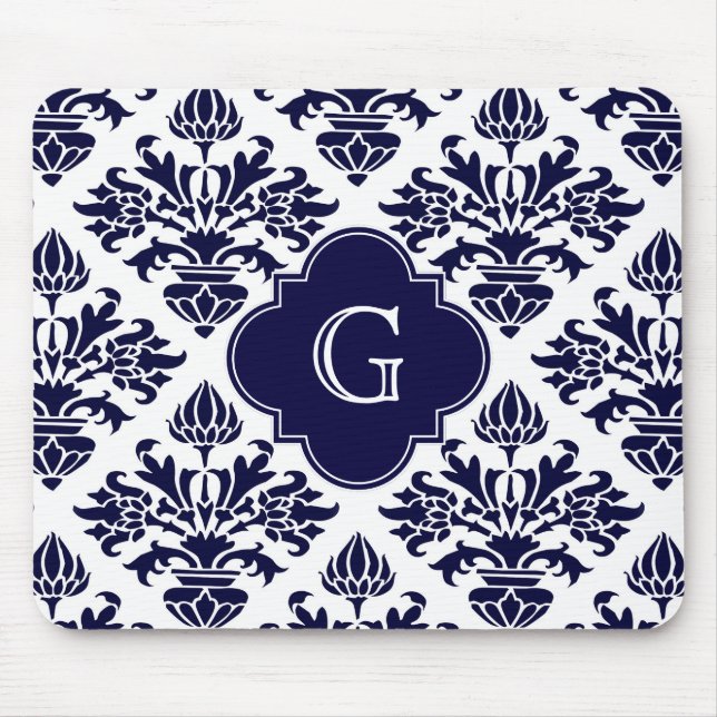Lg Navy Blu Wht Damask #3 Navy Quatrefoil Monogram Mouse Mat (Front)