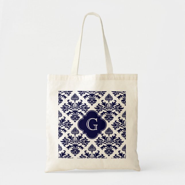 Lg Navy Blu Wht Damask #3 Navy Quatrefoil Monogram Tote Bag (Front)