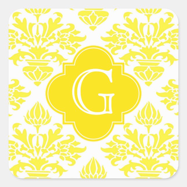 Lg Yellow Damask Yellow Quatrefoil Monogram Square Sticker (Front)