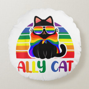 LGBT Ally Cat Be Kind Gay Rainbow Funny LGBTQ Flag Round Cushion