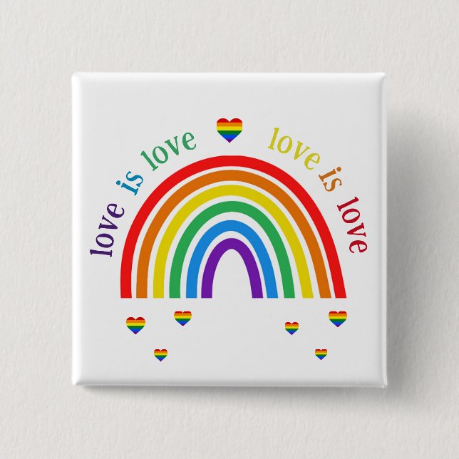 LGBT Button Badge - Rainbow Hearts Love is Love (Front)