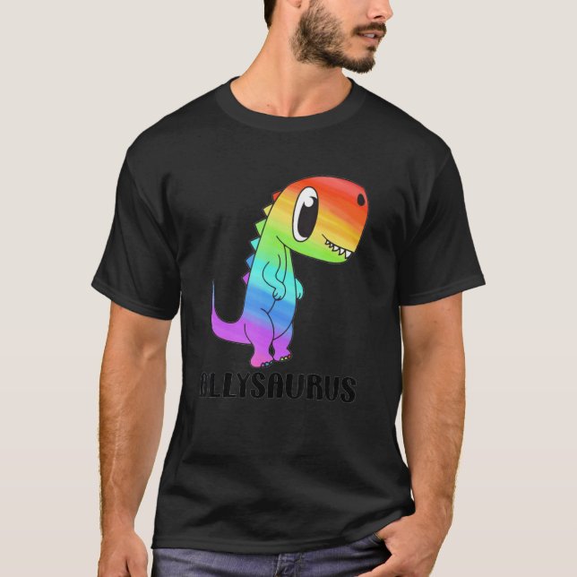 LGBT Dinosaur Rex Gay Pride Dino Allysaurus Rainbo T-Shirt (Front)