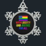 LGBT Equal Rights Rainbow American Flag Snowflake Pewter Christmas Ornament<br><div class="desc">LGBTQ Rights Rainbow Pride American Flag design that reads With Liberty and Justice for All. The LGBTQ community deserves equality. Uphold our constitution and demand equal rights for every person who identifies as gay,  bisexual,  pansexual,  queer,  and transgender. Be an ally and support your friends.</div>