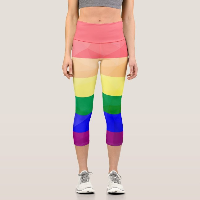 LGBT flag rainbow lines geometric mesh pattern Capri Leggings (Front)