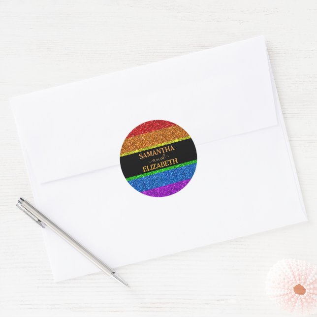 LGBT flag rainbow sparkles gay lesbian wedding Classic Round Sticker (Envelope)