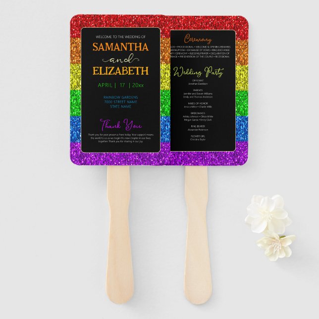 LGBT flag rainbow sparkles gay lesbian wedding Hand Fan (Front and Back)