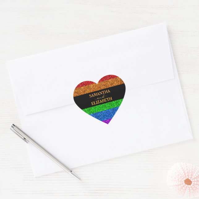 LGBT flag rainbow sparkles gay lesbian wedding Heart Sticker (Envelope)