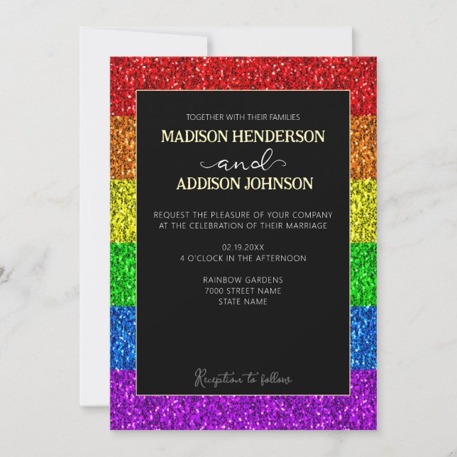 LGBT flag rainbow sparkles gay lesbian wedding Invitation (Front)