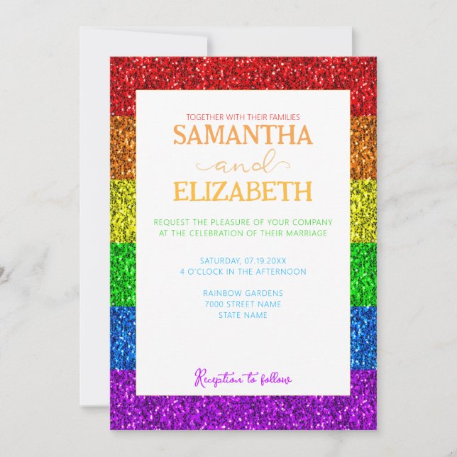 LGBT flag rainbow sparkles gay lesbian wedding Invitation (Front)