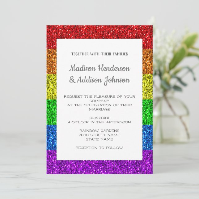 LGBT flag rainbow sparkles gay lesbian wedding Invitation (Standing Front)